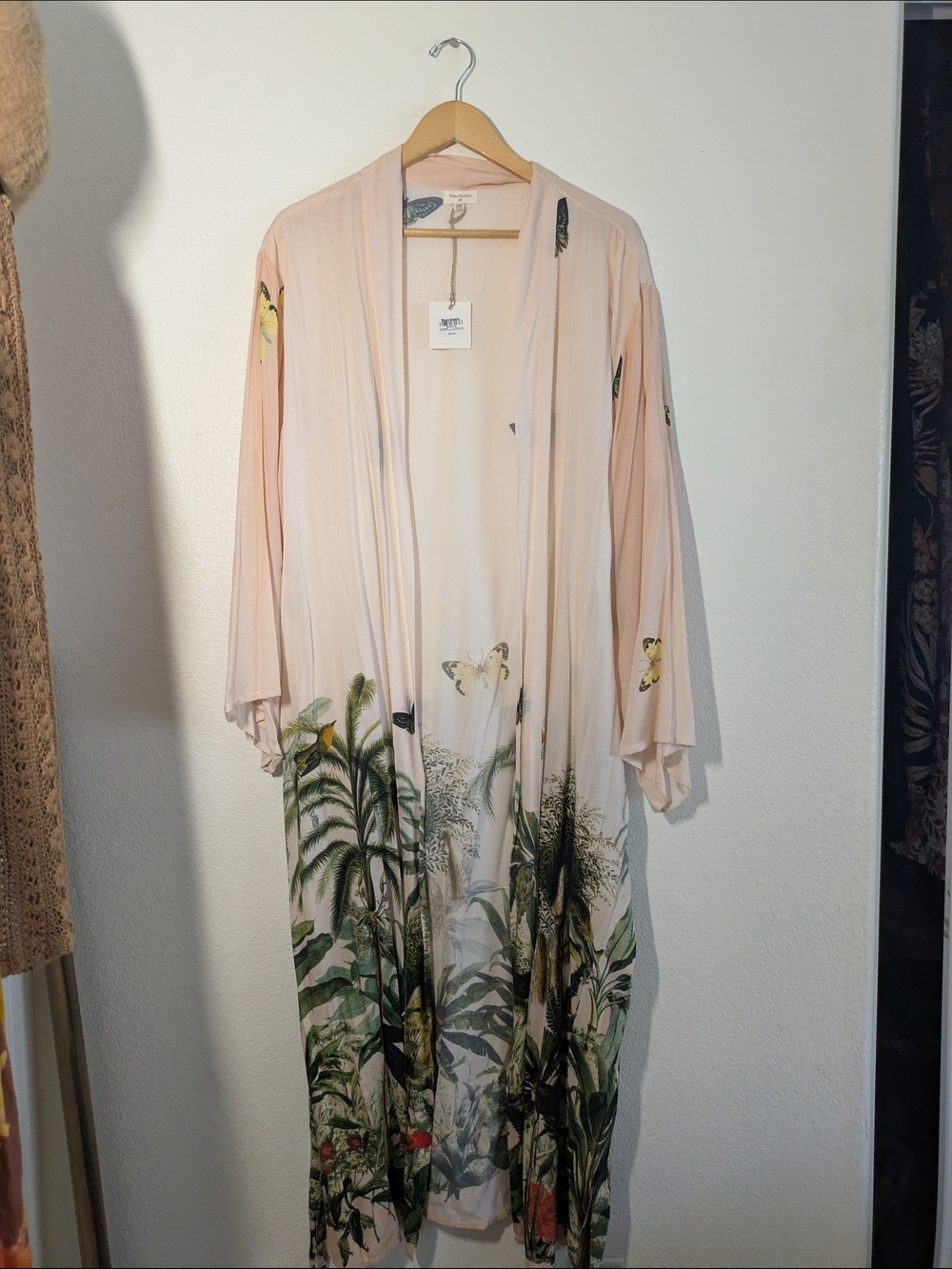 Cost Plus World Market Pale Pink Tropical & Butterfly Kimono Robe